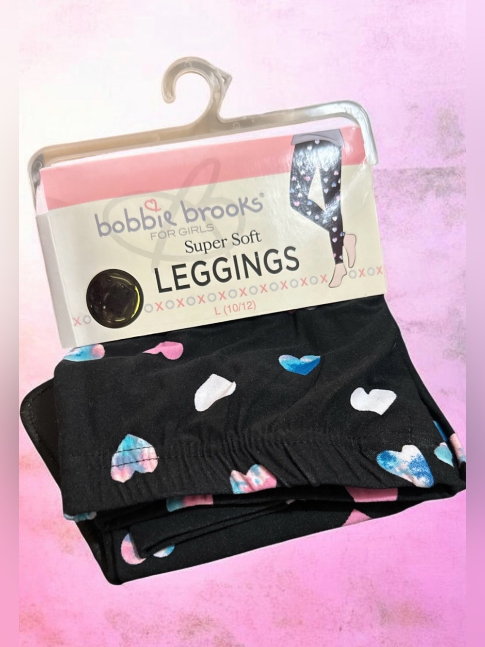 Bobbie Brooks Black Leggings with Pink White and Blue Heart Print